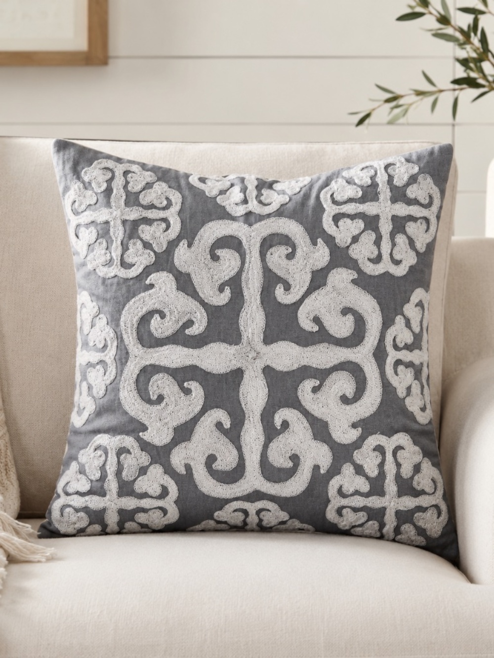 Modern Farmhouse Gray Cotton Throw Pillow Cover 18x18 White Scroll Embroidery